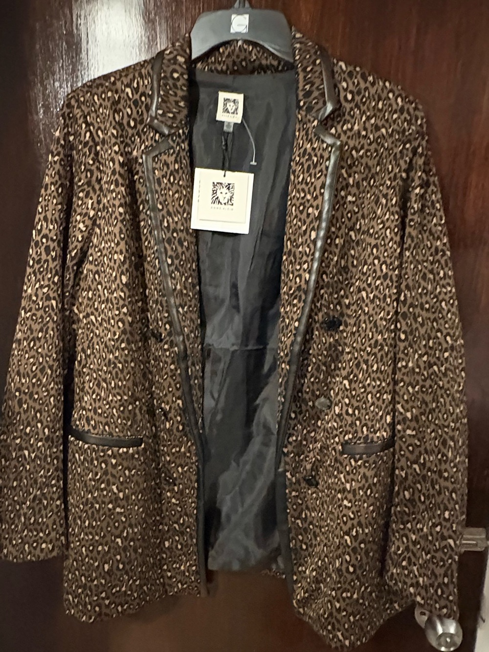 NWT Anne Klein Brown Leopard Print Blazer with leather Trim. Size XL.
